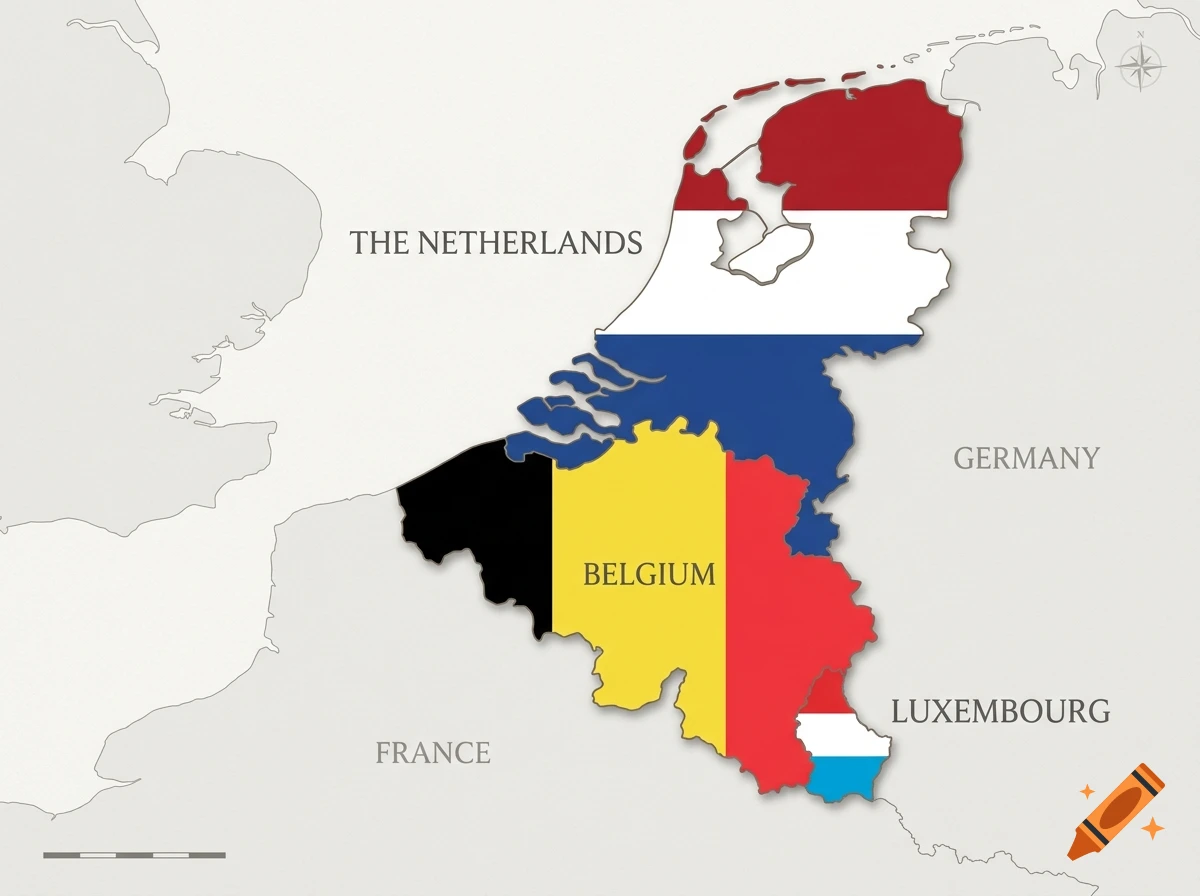 A map of Benelux with country outlines filled with their respective national flags and country name labels.