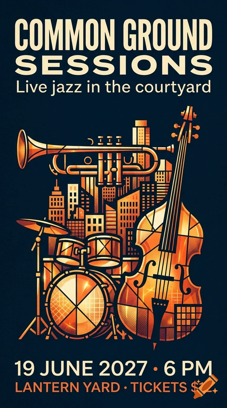 A poster for Common Ground Sessions featuring jazz instruments and a city skyline silhouette in warm tones against a dark background.