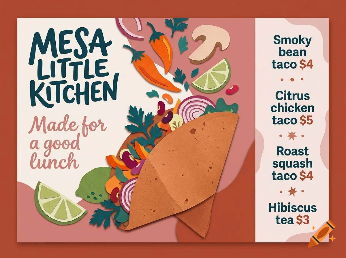 A menu design for Mesa Little Kitchen featuring a taco illustration with ingredients and text listing taco options and prices.