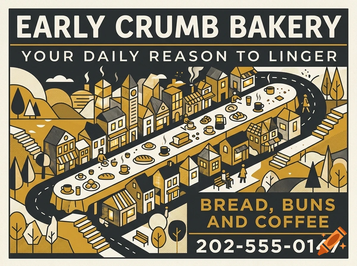 An illustrated poster for Early Crumb Bakery featuring an aerial view of a town where a long central street doubles as a table set with baked goods and coffee.