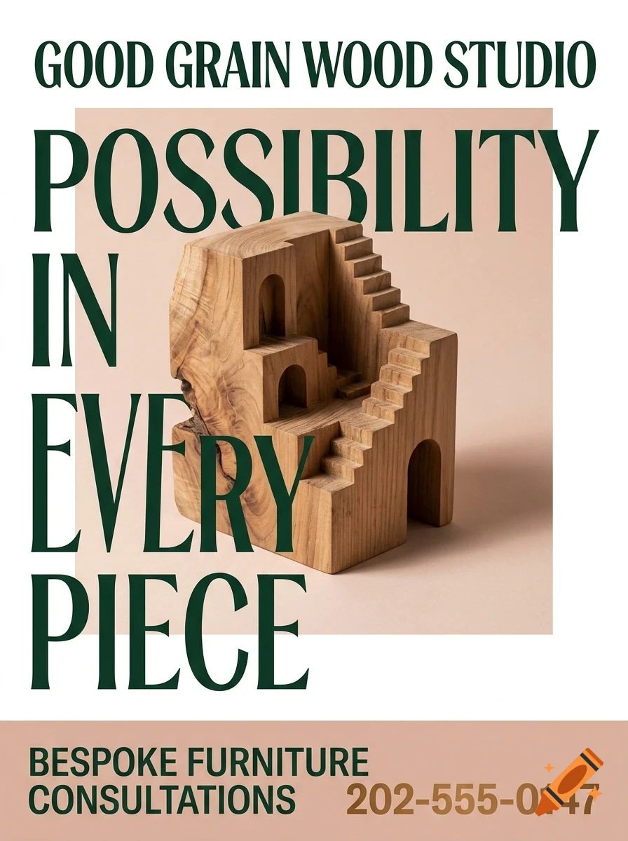 An advertisement for Good Grain Wood Studio featuring a carved wooden sculpture of stairs and arches, with green text reading Possibility in Every Piece.