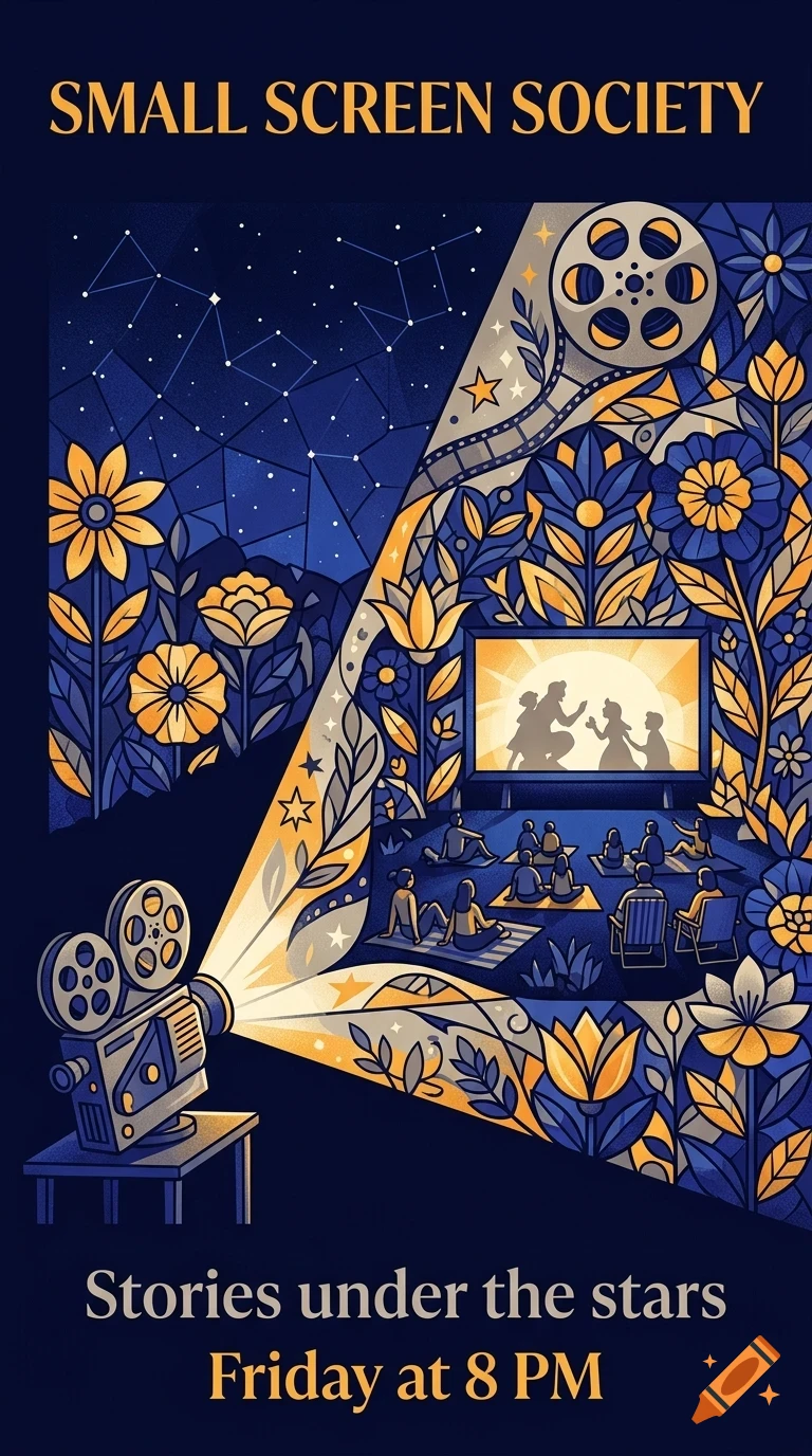 An illustrated movie poster for Small Screen Society depicting an outdoor film screening under a starry sky, styled like stained glass.