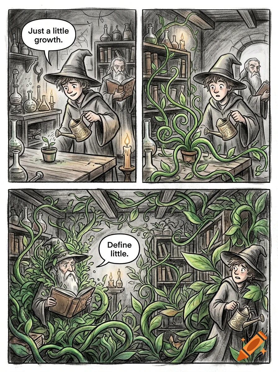 A three-panel comic illustration shows a young wizard watering a small potted plant in a magical study, which then rapidly grows into massive vines overtaking the room while an older wizard reads.