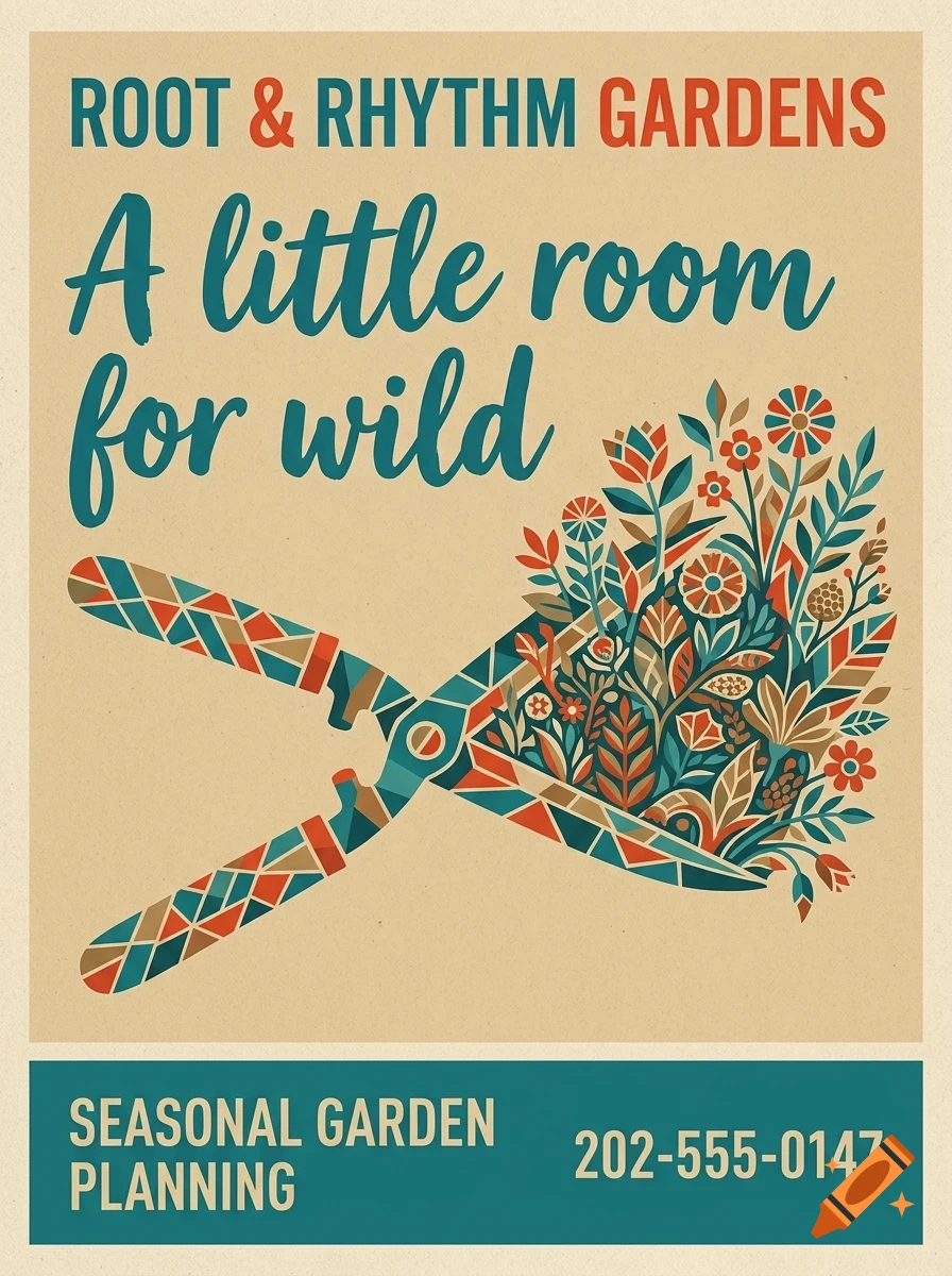 A vintage-style poster featuring pruning shears filled with stylized flowers and leaves, accompanied by text.