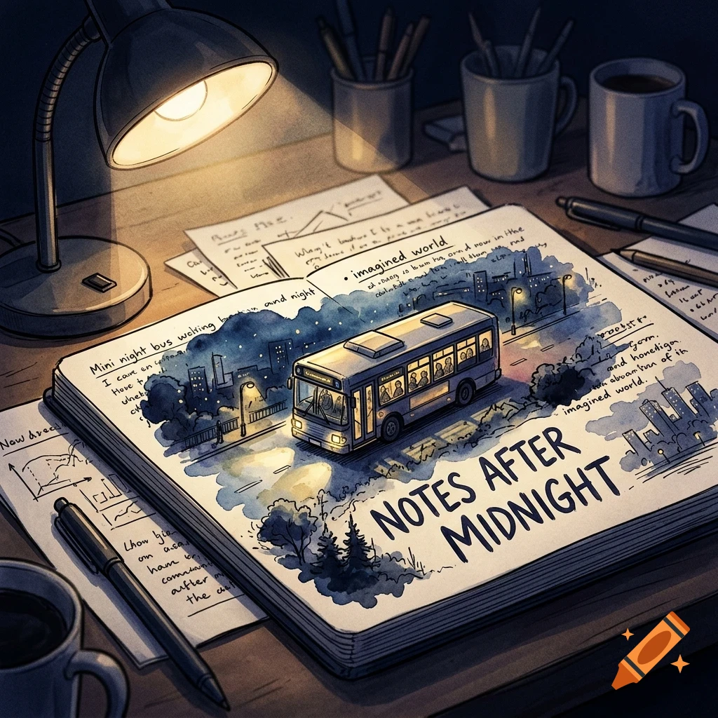An open notebook on a desk under a desk lamp, featuring an illustration of a bus driving through a city at night with the text Notes After Midnight.