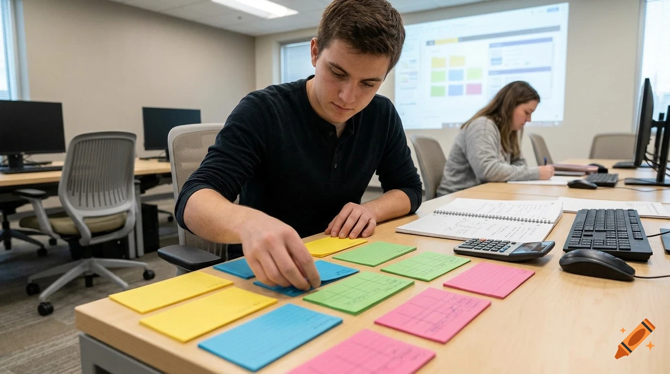 A young man in a classroom setting sorts colorful sticky notes on a desk, with another person studying in the background.