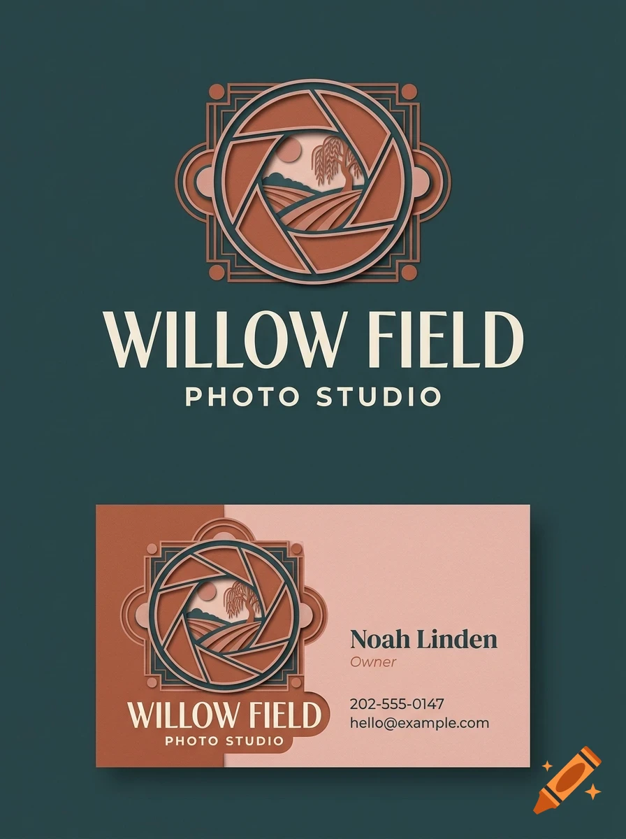 A logo and business card for Willow Field Photo Studio featuring a camera aperture design with a landscape inside.