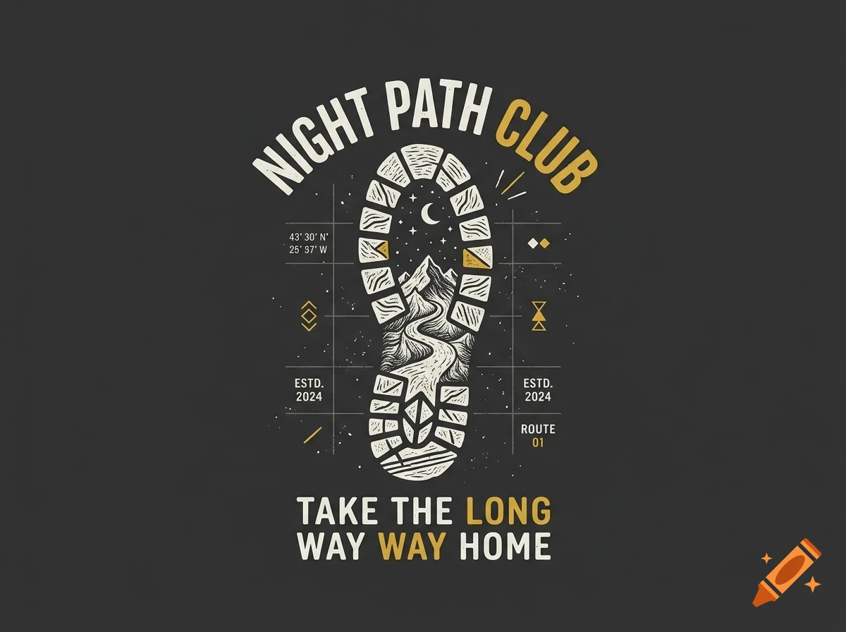 A graphic design featuring a boot print enclosing a mountain landscape, crescent moon, and stars, surrounded by text reading "NIGHT PATH CLUB" and "TAKE THE LONG WAY HOME".