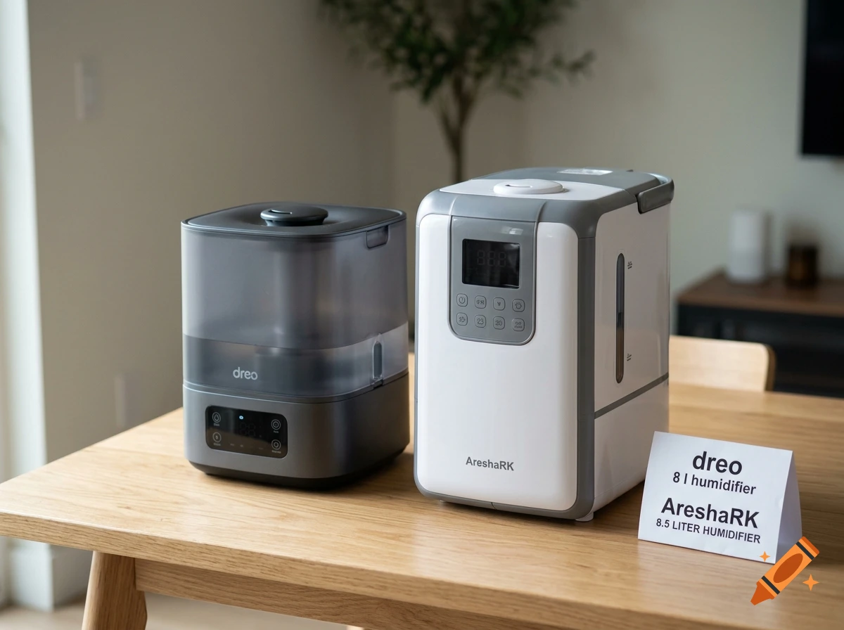 Two digital humidifiers, one dark gray and one white, sitting on a wooden table in a room with a plant in the background.