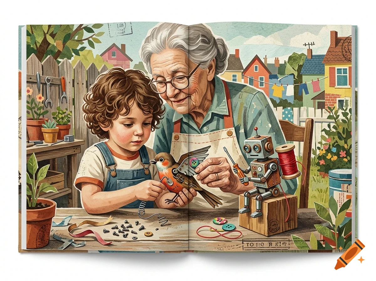 An elderly woman and a young child working together at a table to assemble a mechanical bird and a small robot.