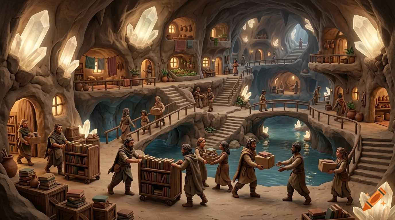An underground subterranean settlement carved into rock with glowing crystals, bridges, and people carrying books and boxes.