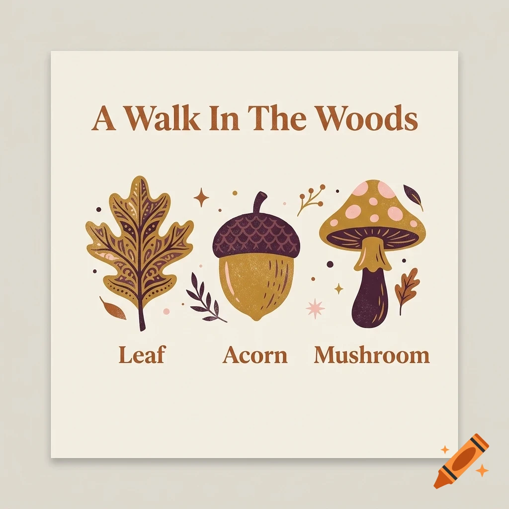 An illustrated graphic with the text 'A Walk In The Woods' at the top, showing a leaf, an acorn, and a mushroom with corresponding labels below them.