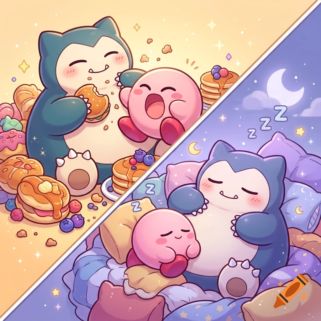 Chibi-style digital illustration split diagonally showing Snorlax and Kirby eating snacks on the left and sleeping on pillows on the right.