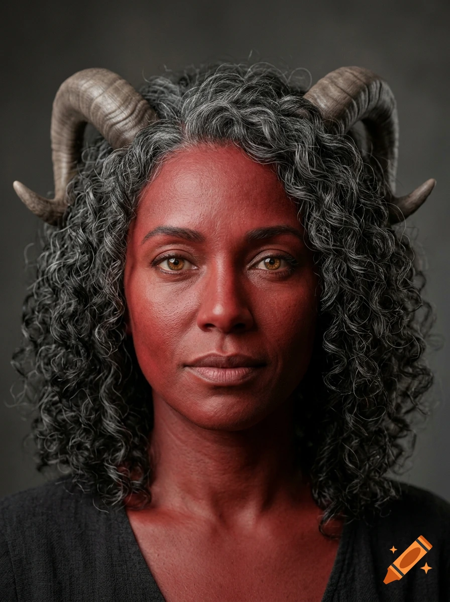 Photorealistic portrait of a woman with red skin, amber eyes, grey curly hair, and ram horns.