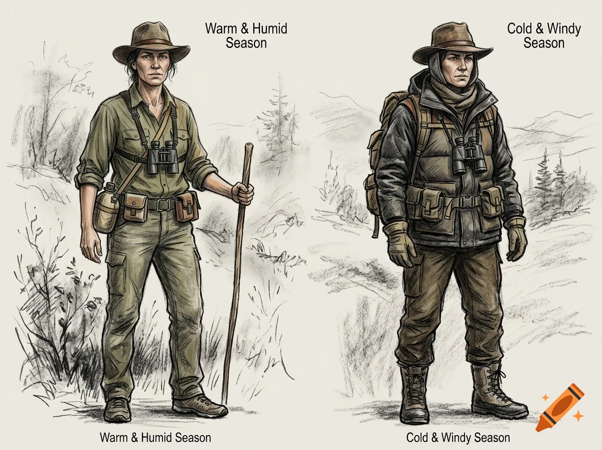An illustration showing a character in different outfits for warm and cold seasons.