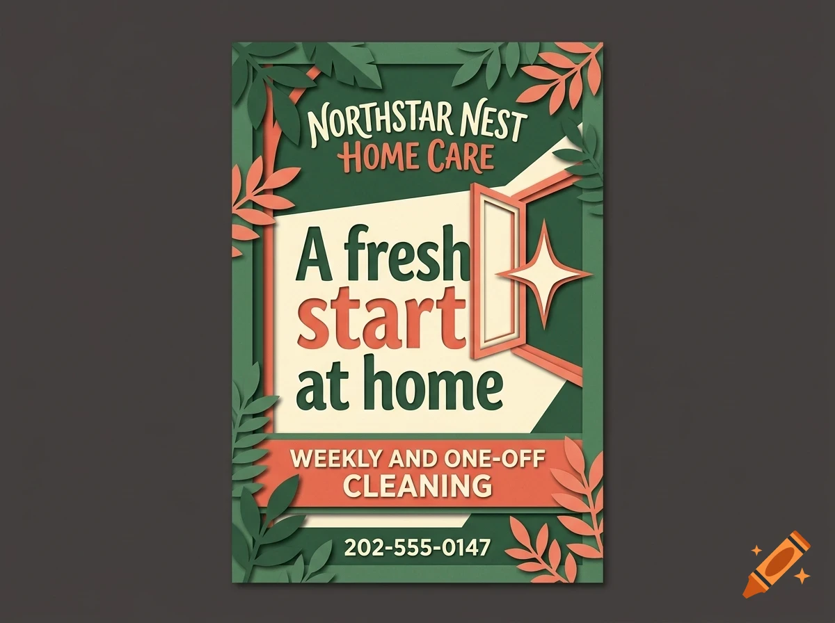 An advertisement flyer for Northstar Nest Home Care with papercut leaf illustrations and text reading A fresh start at home.