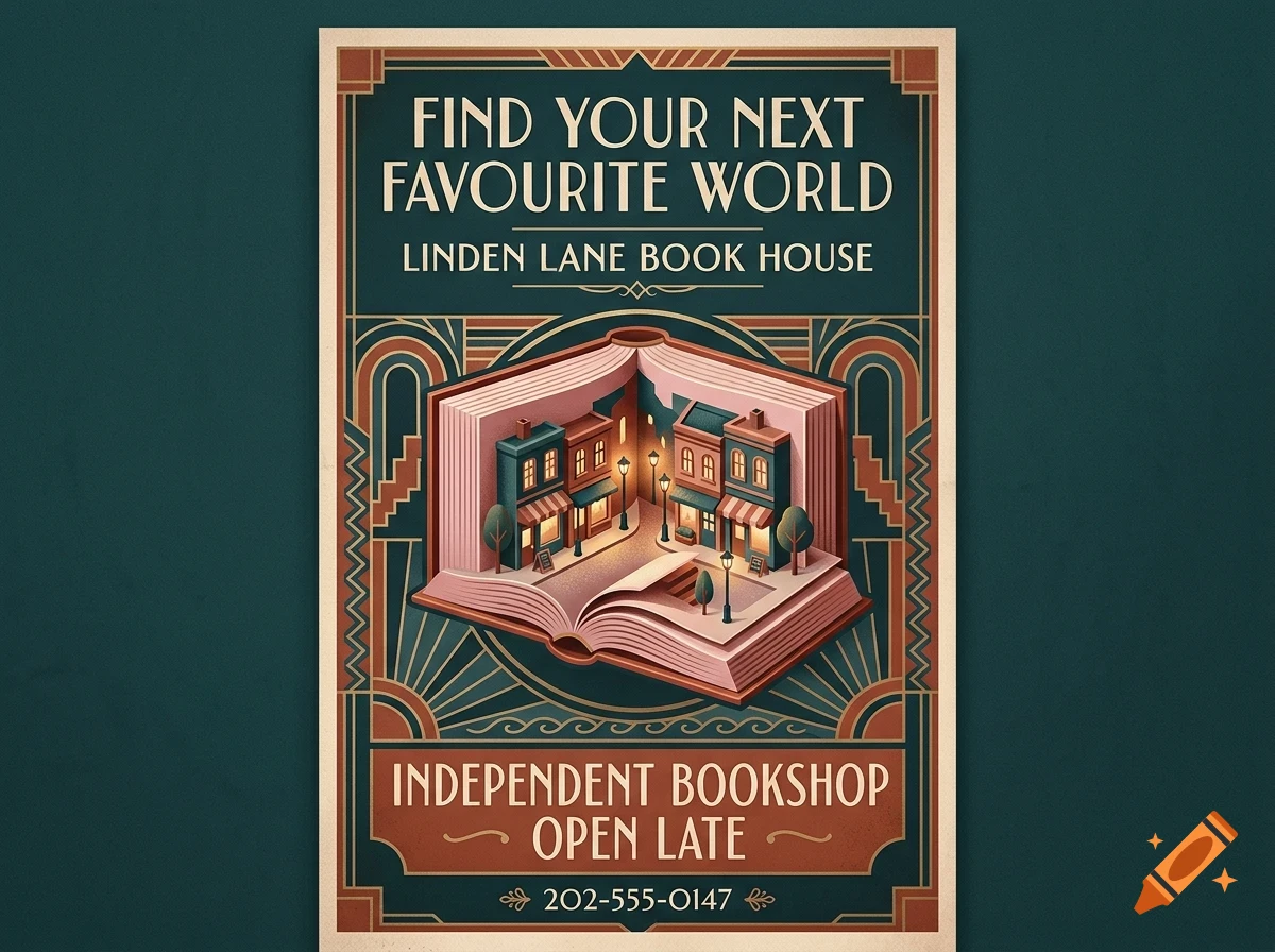 An art deco style poster advertising an independent bookshop, featuring an open book with a miniature street scene inside.
