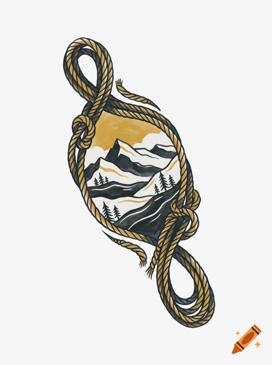 An illustrated mountain landscape framed by a twisted rope against a plain white background.
