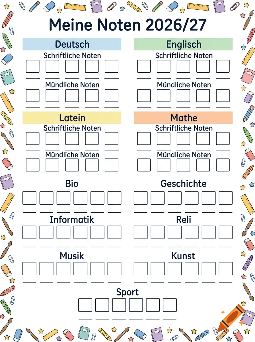 A colorful grade tracker template for school subjects with a playful border of school supplies.