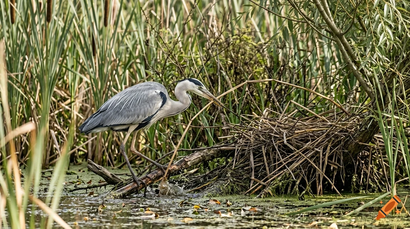 A grey heron standing near a nest in a marshy area surrounded by tall reeds and water.