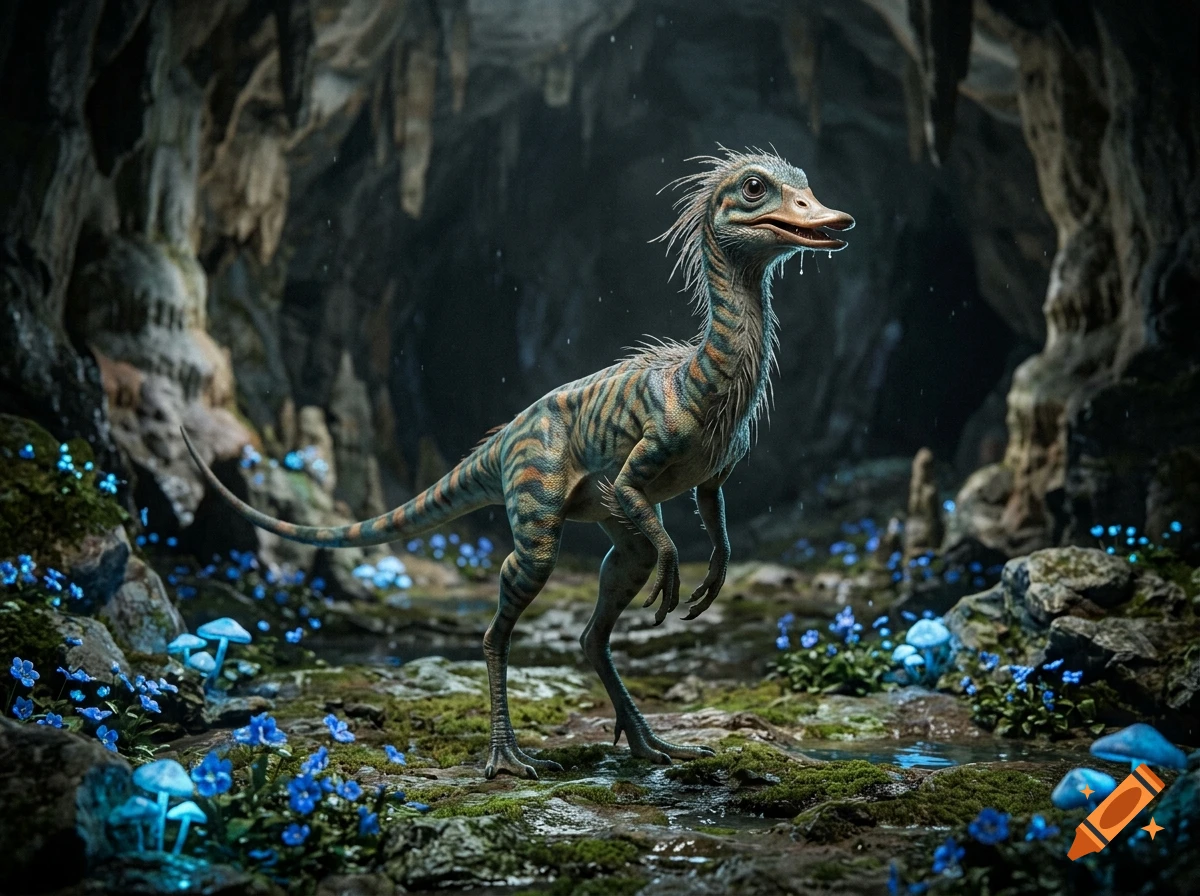 Photorealistic image of a lithe, duck-billed, lizard-like creature standing upright in a dark cave surrounded by glowing blue flowers and mushrooms.