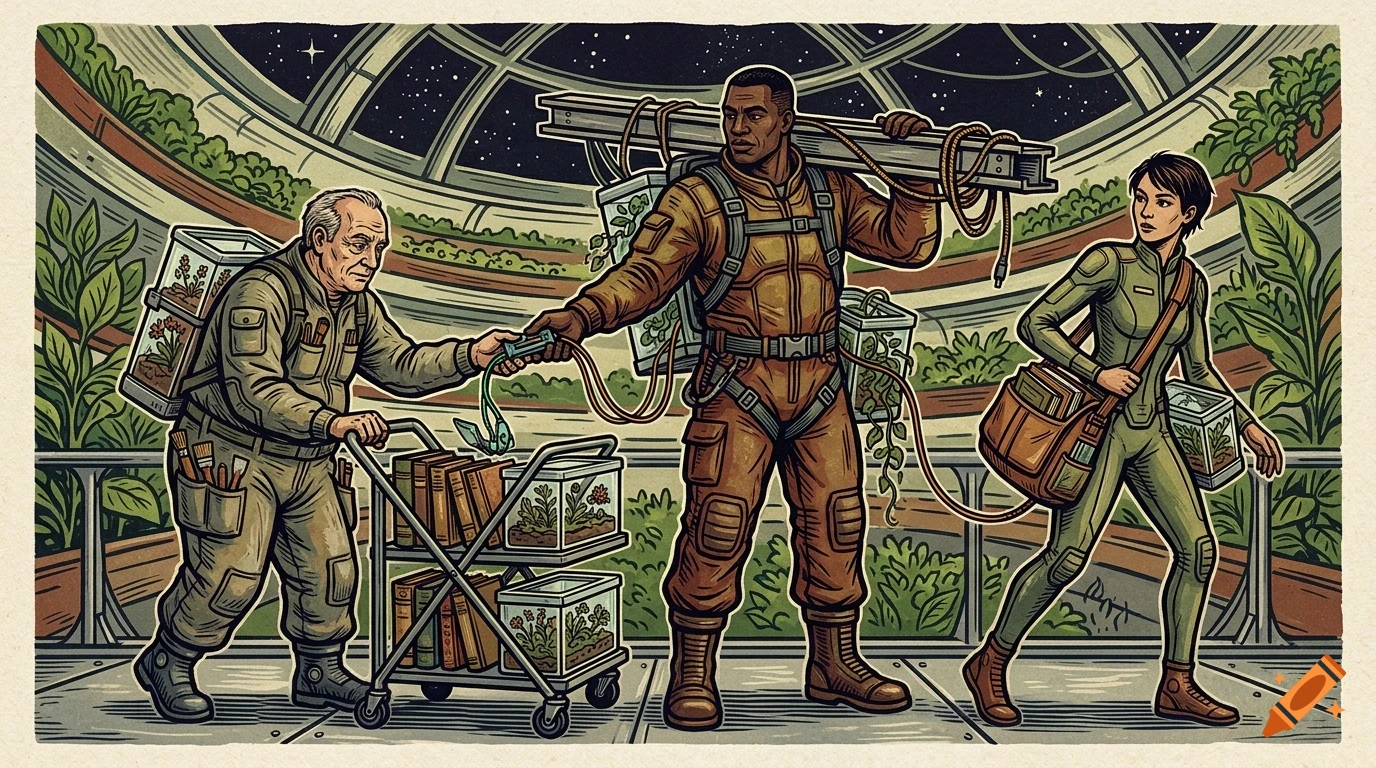 Three astronauts in utilitarian jumpsuits working in a futuristic greenhouse dome with plants and starry skies visible outside.