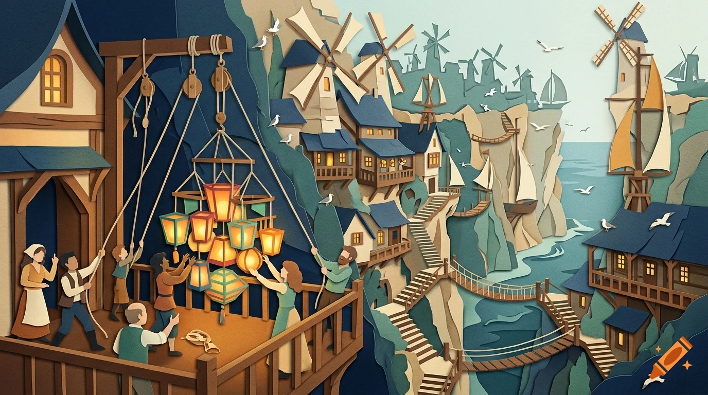 A multi-layered papercut illustration shows people on a balcony hoisting a cluster of glowing lanterns, with a coastal village, windmills, and boats in the background.