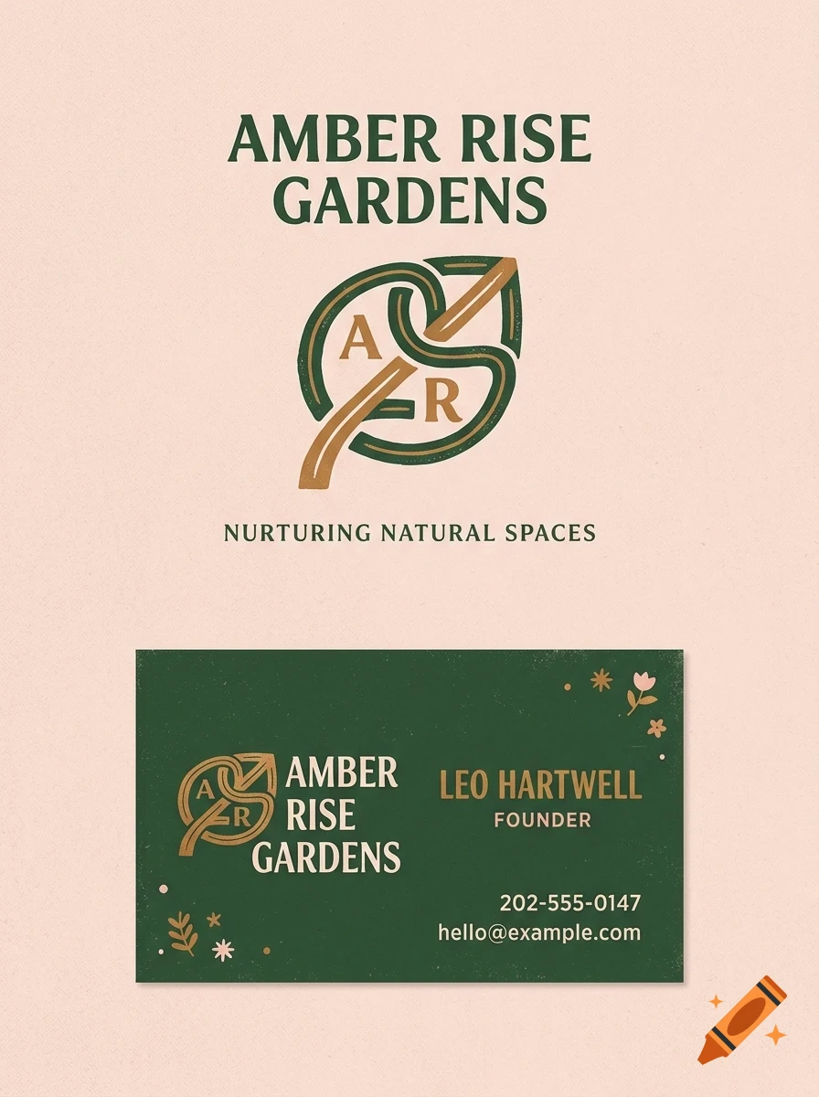 A business card and letterhead design for Amber Rise Gardens featuring a leaf logo, earth tones, and typography.