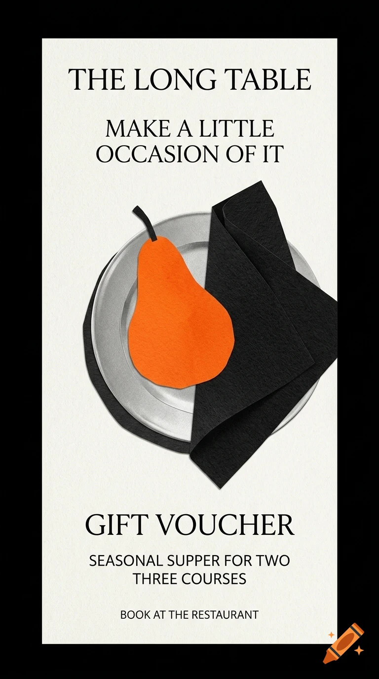 A gift voucher design featuring text at the top and bottom, with an orange pear on a silver plate and a folded black napkin.