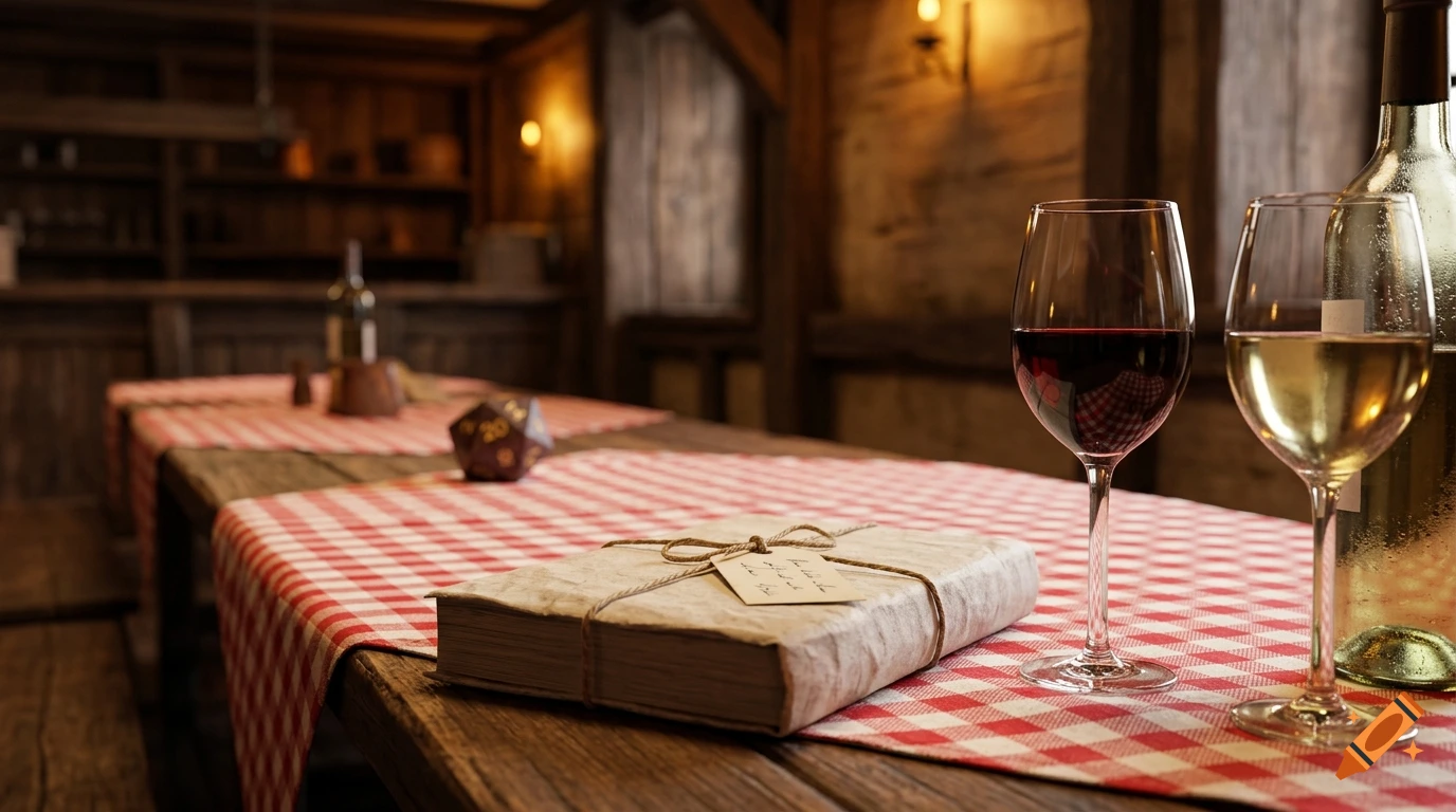Photorealistic tavern interior with a rustic wooden table, red-and-white checkered tablecloth, a wrapped book with a handwritten tag, a glass of red wine, white wine, and a wine bottle.