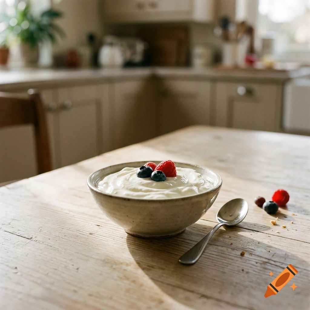 A bowl of yogurt topped with fresh blueberries and raspberries on a wooden table in a kitchen, photorealistic.