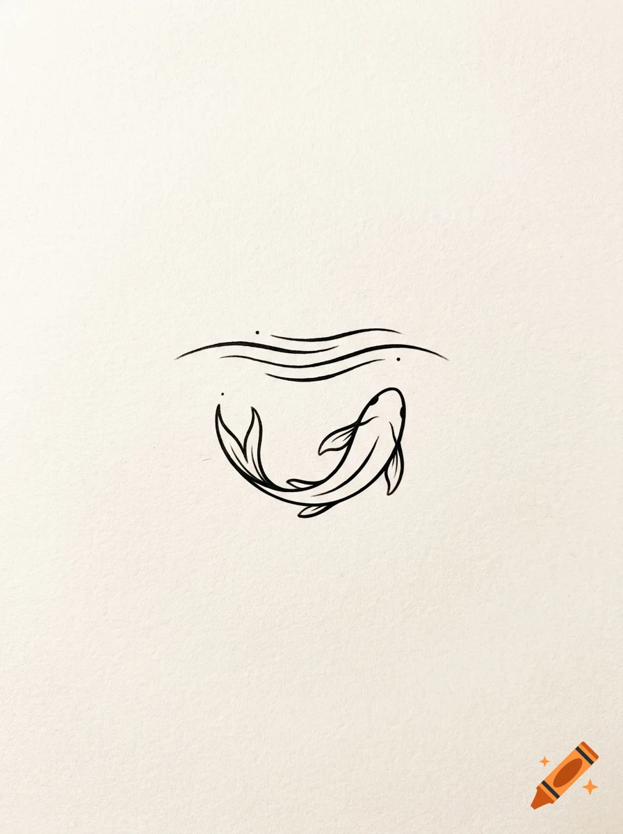 A minimal black ink line drawing of a fish swimming below wavy water lines on a plain light background.