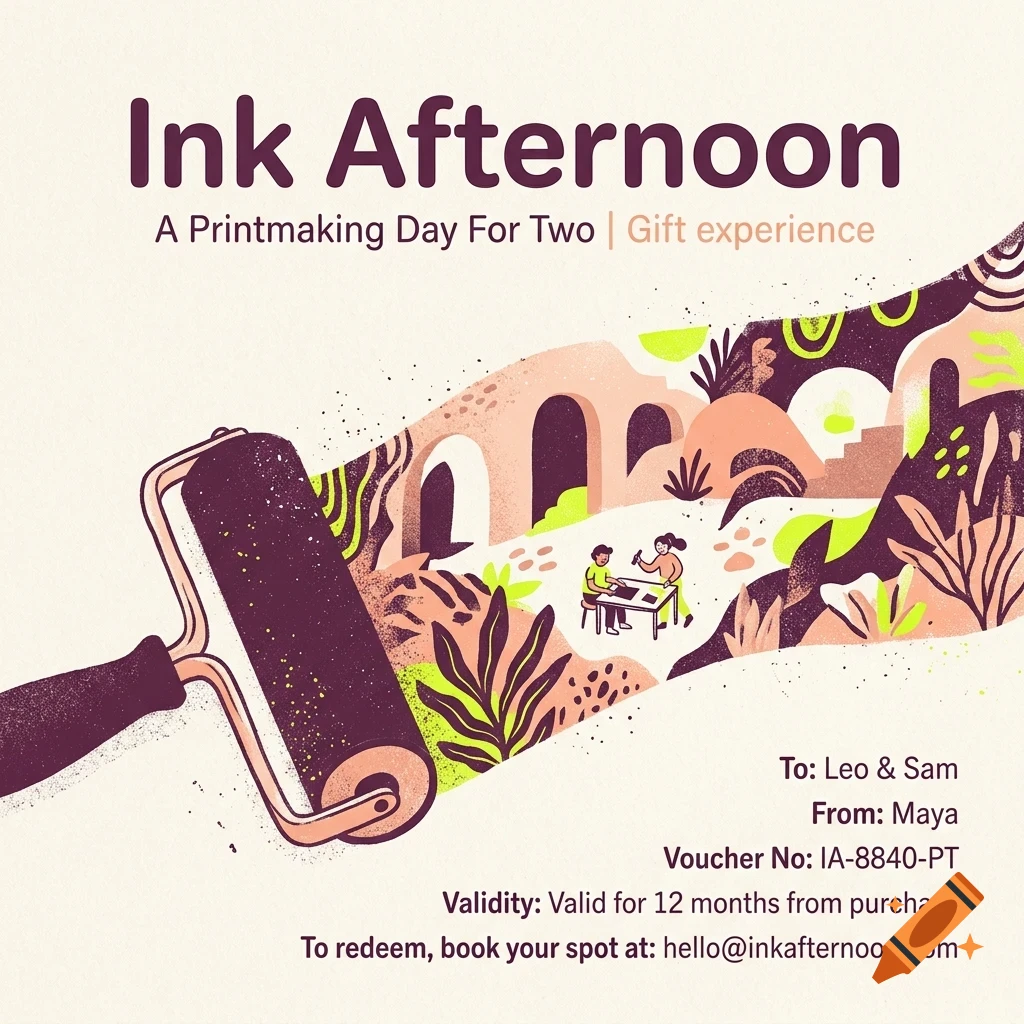 An illustrated gift voucher with a printmaking roller revealing an abstract landscape, with text reading Ink Afternoon.