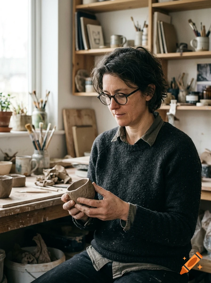 A woman wearing glasses and a dark sweater sitting in a pottery studio holding a small clay pot.