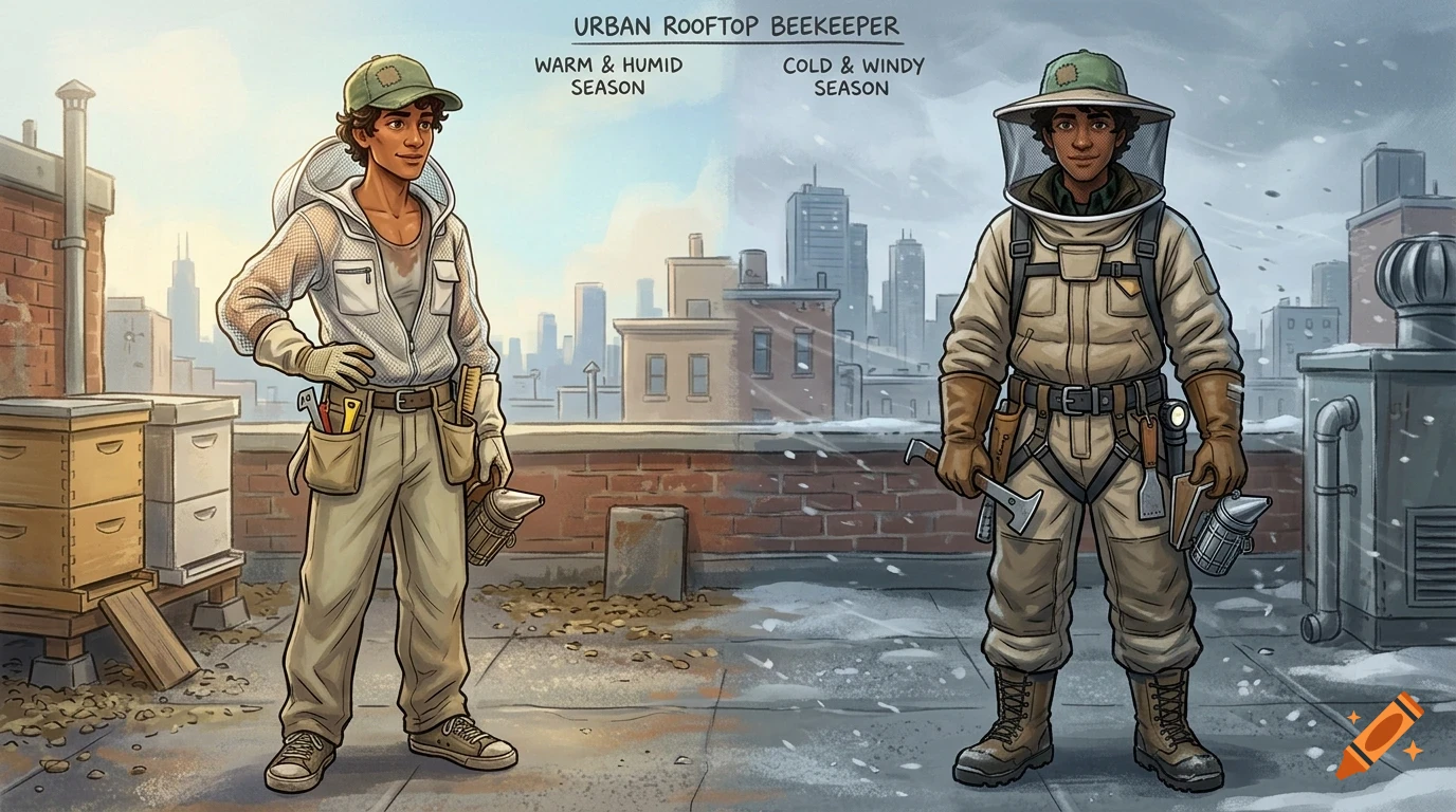 An illustrated comparison of an urban rooftop beekeeper during warm and humid season versus cold and windy season.