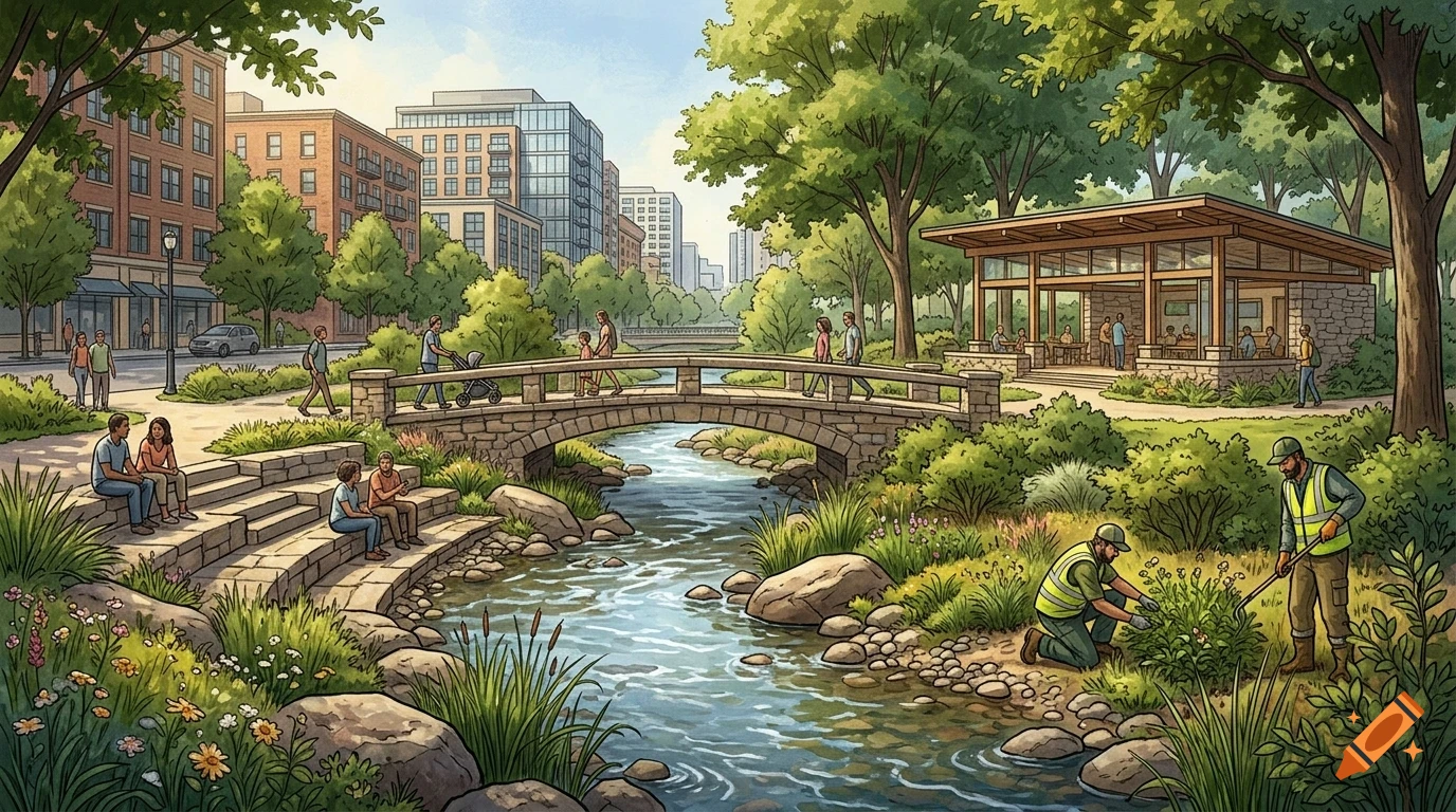 An illustrated park scene with a stone bridge over a stream, featuring people walking, sitting, and working on landscaping, with city buildings in the background.