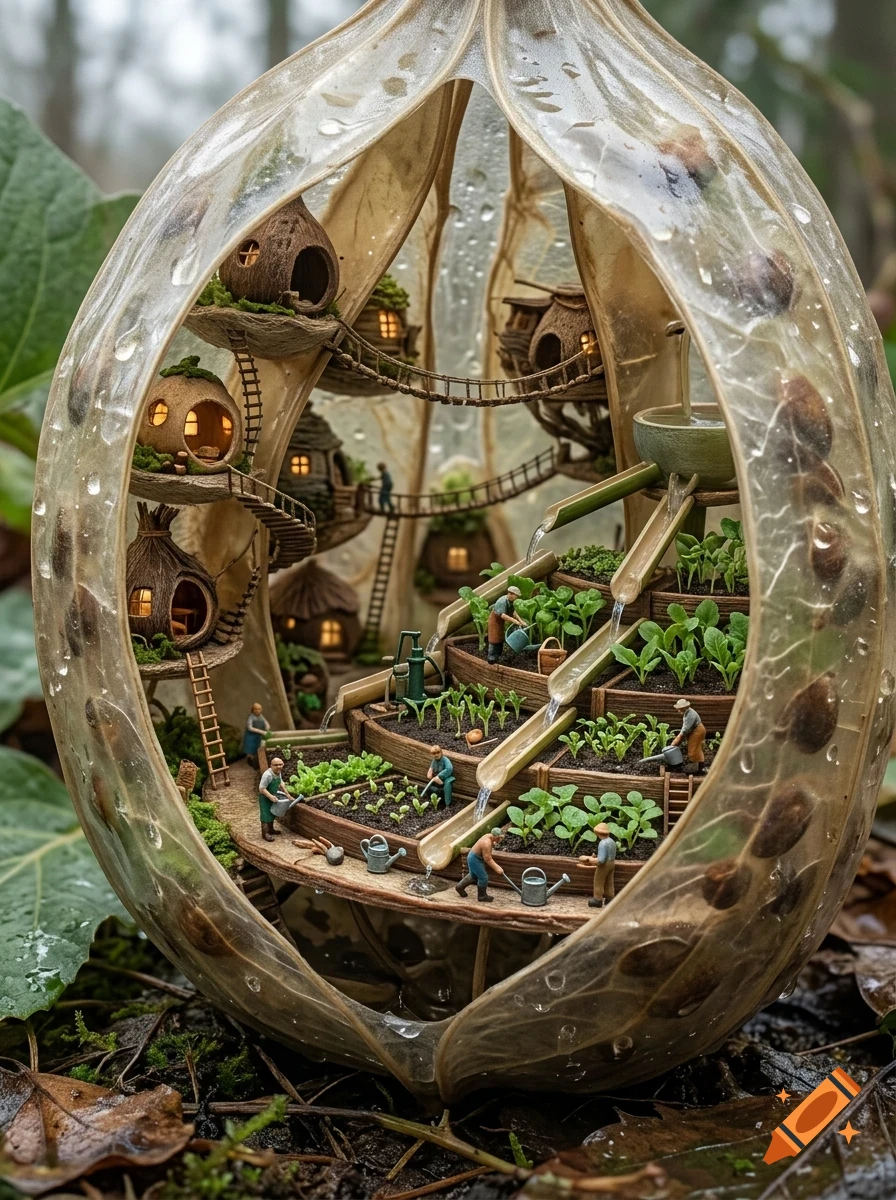 A miniature village built inside a translucent seed pod features tiny houses, terraced gardens with water channels, and small figures tending to plants.