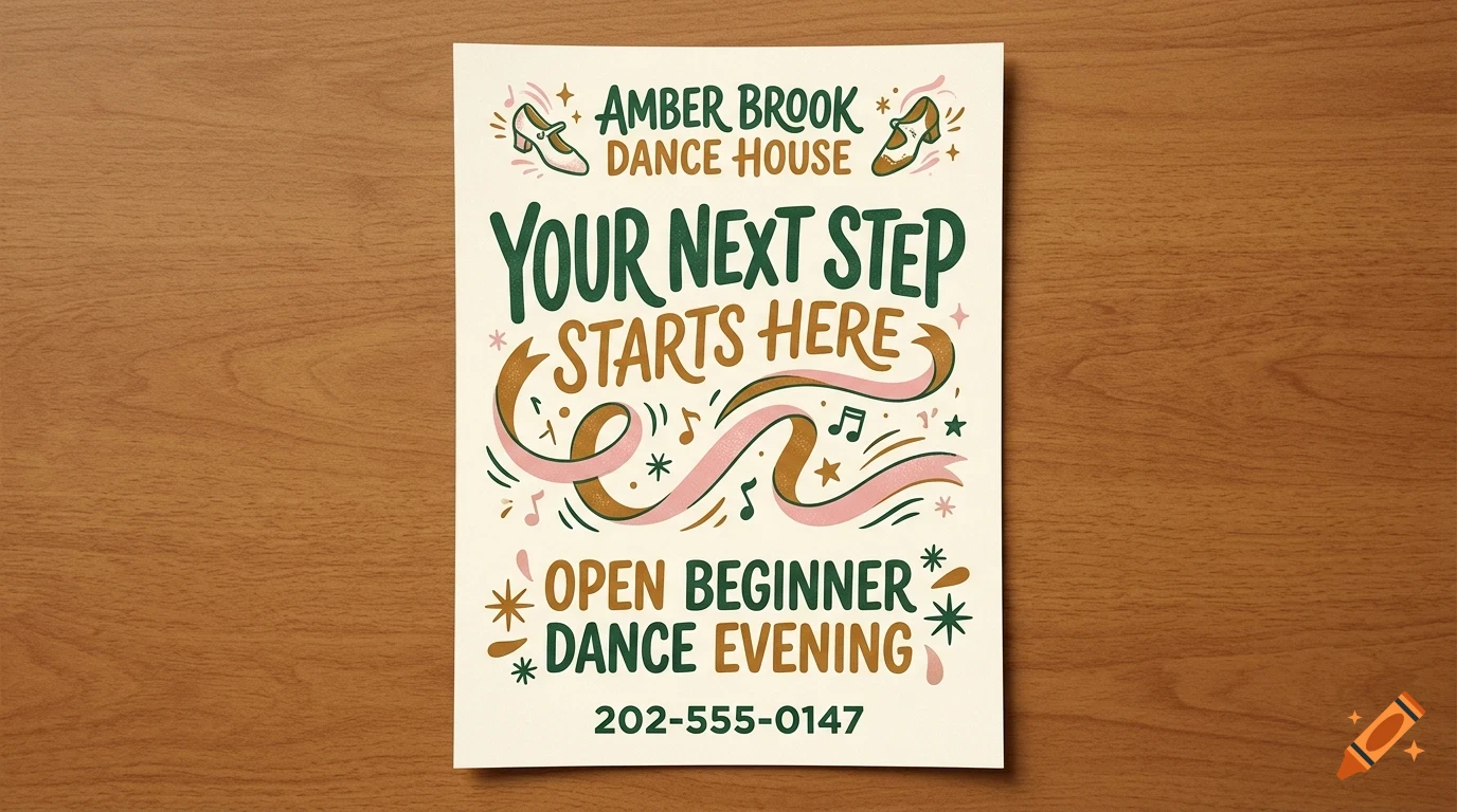 A flyer for Amber Brook Dance House on a wooden surface, featuring dance-themed lettering and illustrations of shoes and ribbons.