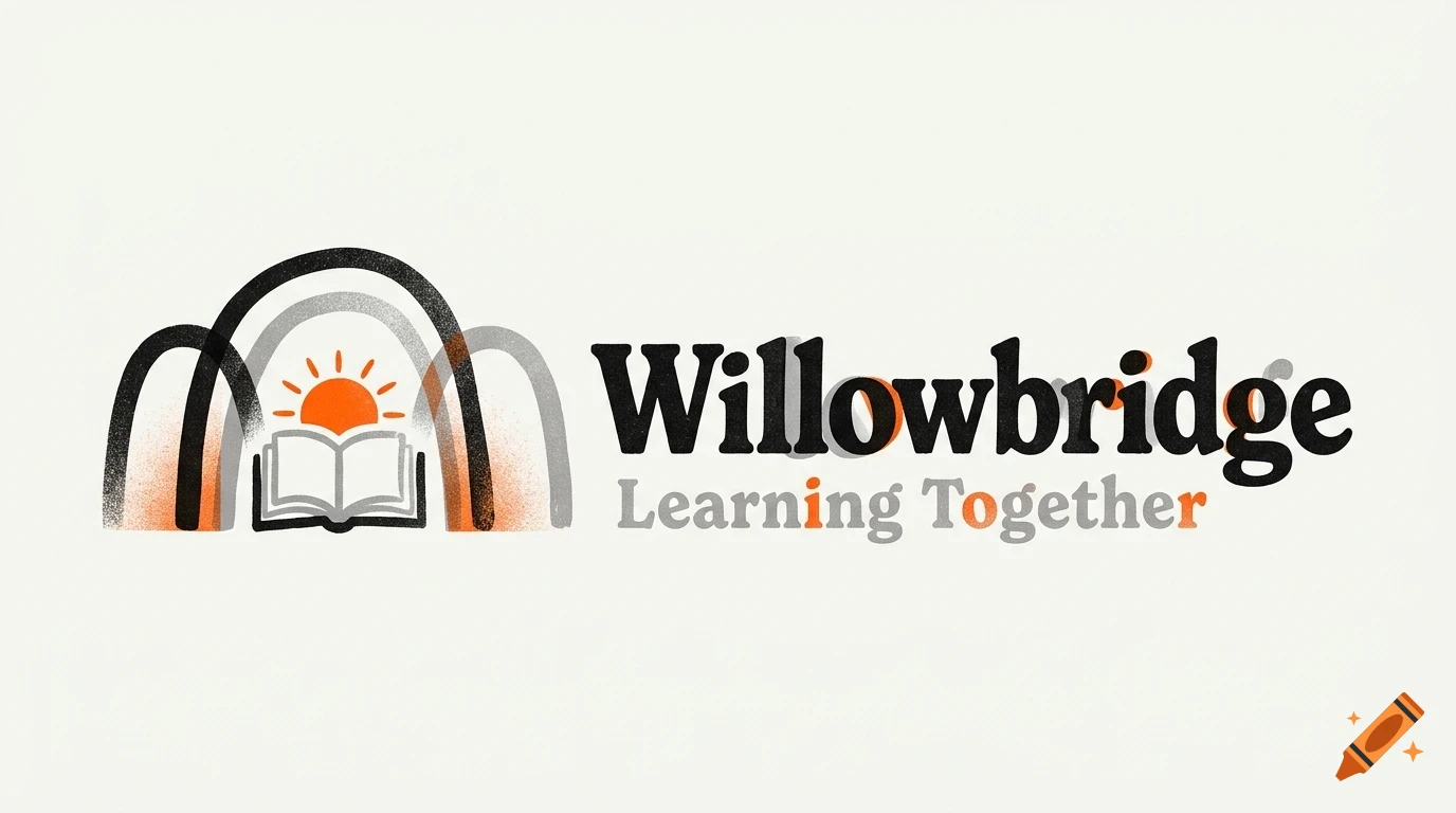 A logo for Willowbridge Learning Together featuring an open book with a rising sun and arches, alongside text.