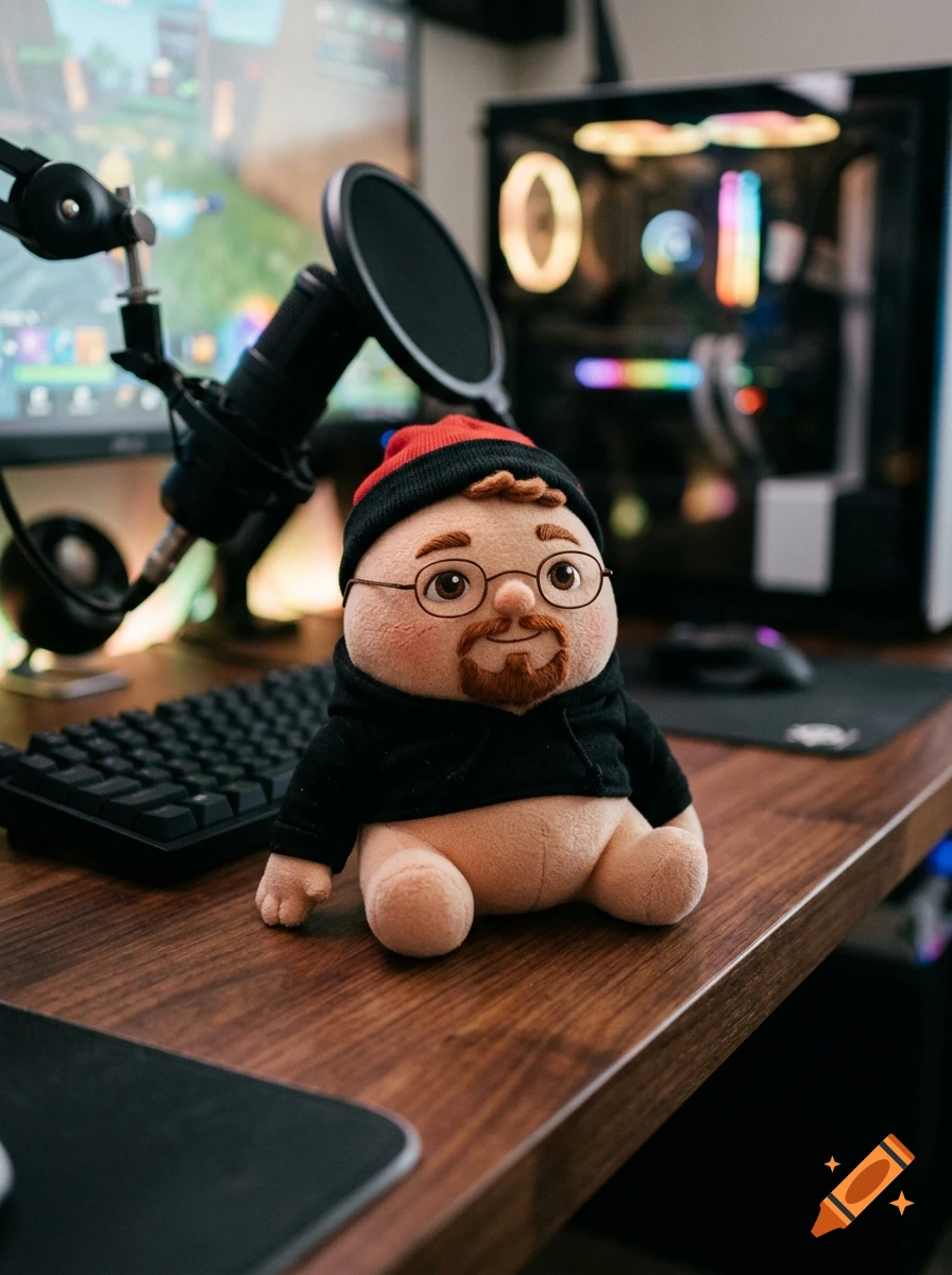 A plush toy of a streamer wearing a beanie and glasses sitting on a wooden desk with gaming setup in the background.