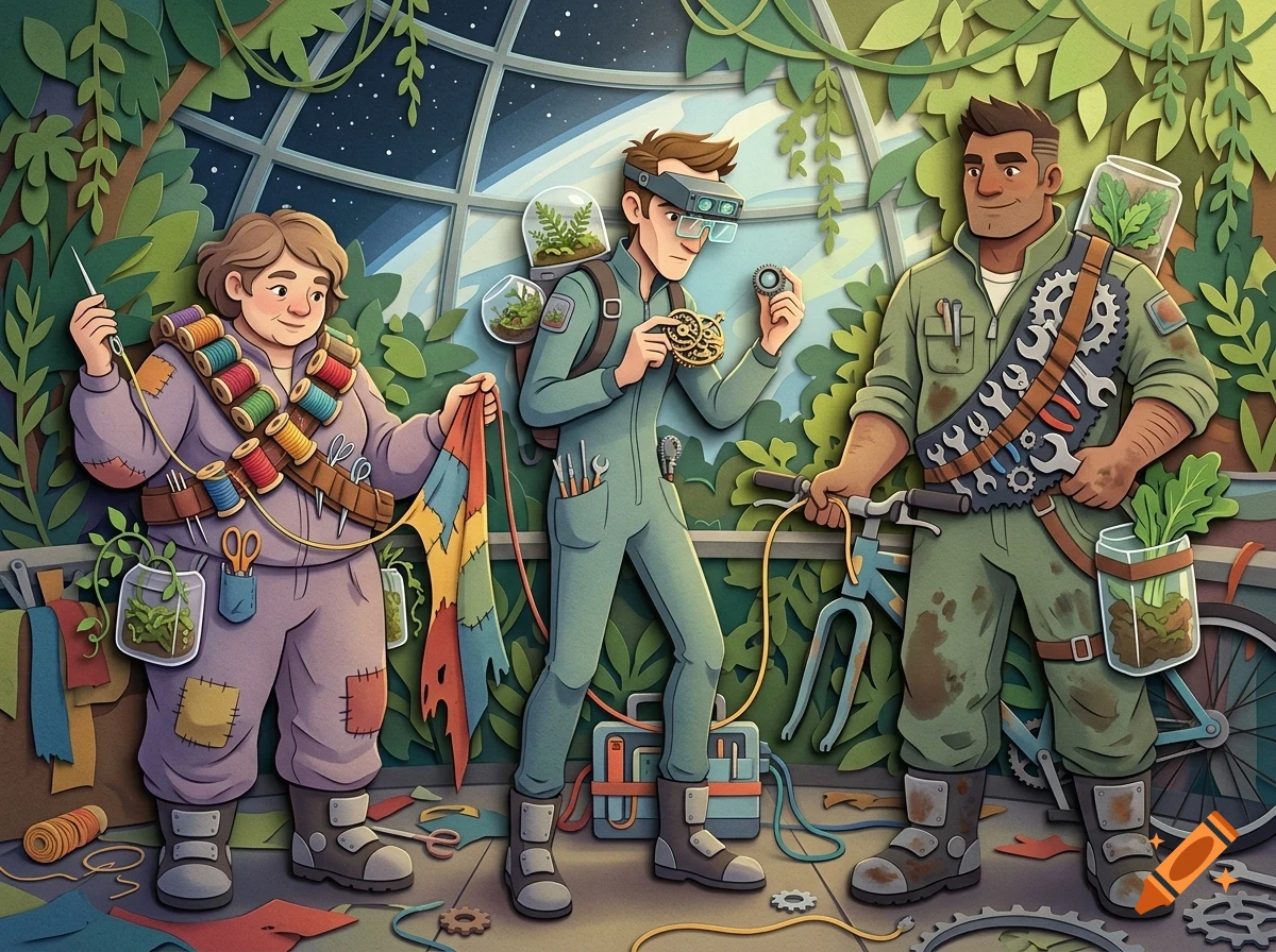 Three people in a greenhouse setting working with tools, gears, and fabrics surrounded by plants.