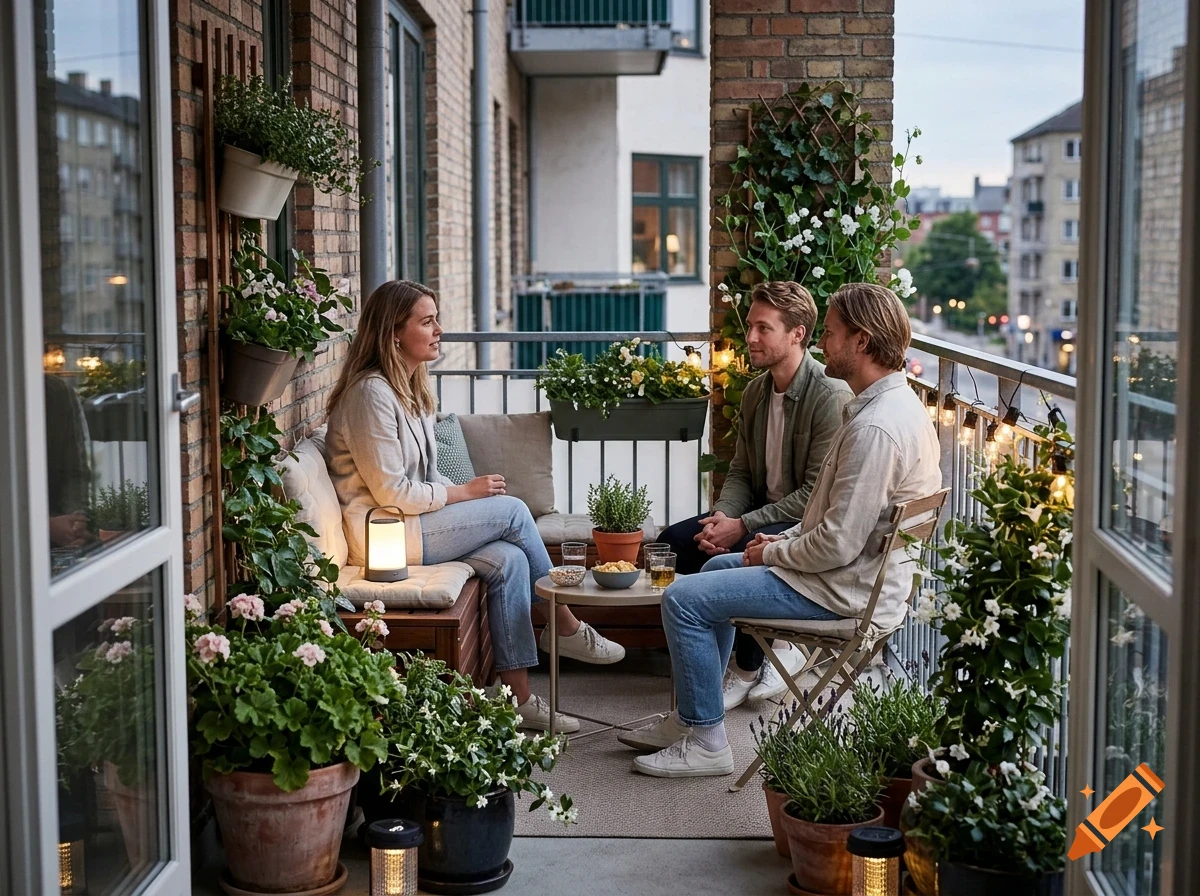 Three people sitting and talking together on a plant-filled apartment balcony at dusk.