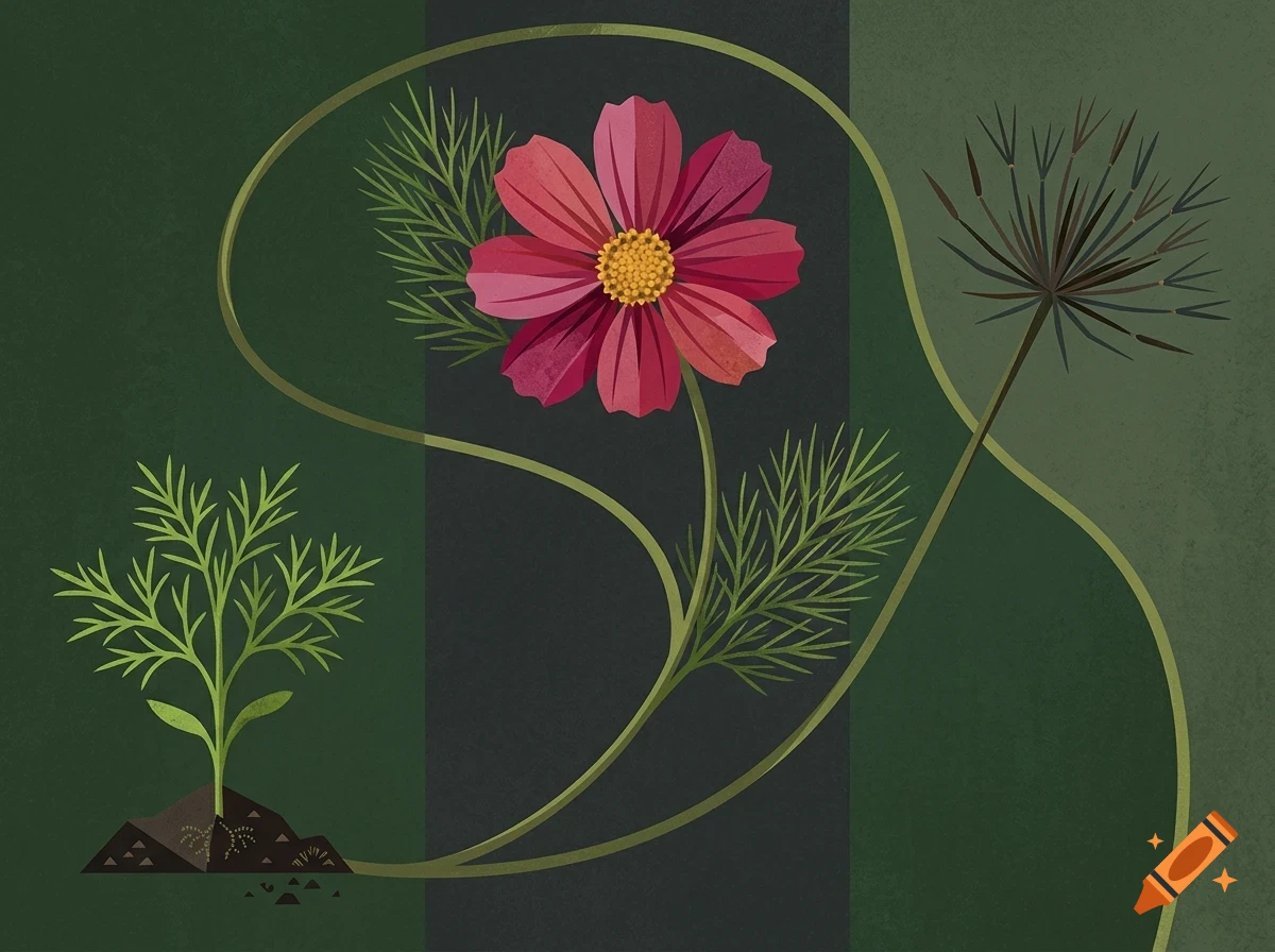 Illustration showing the life cycle of a flower, from a seedling in soil to a blooming pink flower and a seed head.