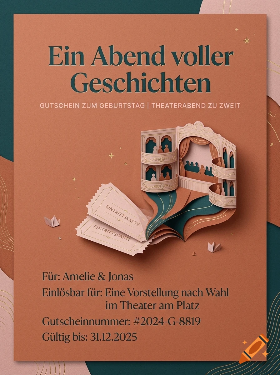 A poster with the German text 'Ein Abend voller Geschichten' and a pop-up papercraft illustration of a theater stage with tickets.