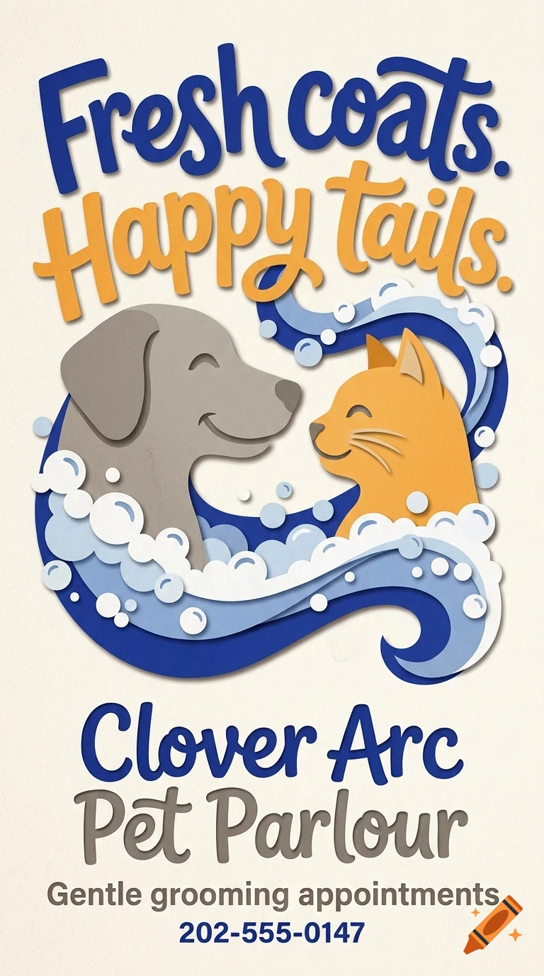 An illustrated poster for Clover Arc Pet Parlour showing a smiling dog and cat surrounded by soapy water and bubbles, with the text Fresh coats. Happy tails.