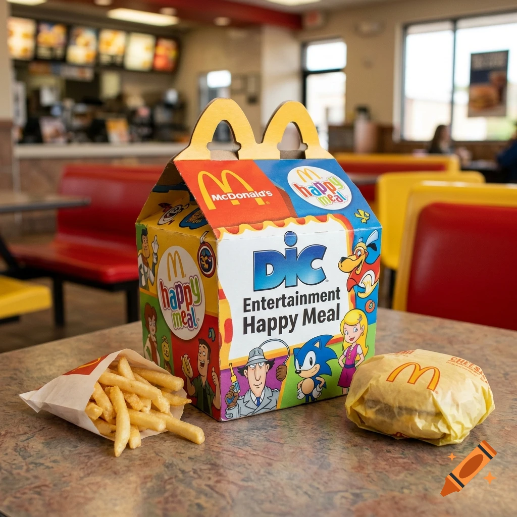 A McDonald's Happy Meal box featuring DIC Entertainment characters, with fries and a burger on a table inside a restaurant.