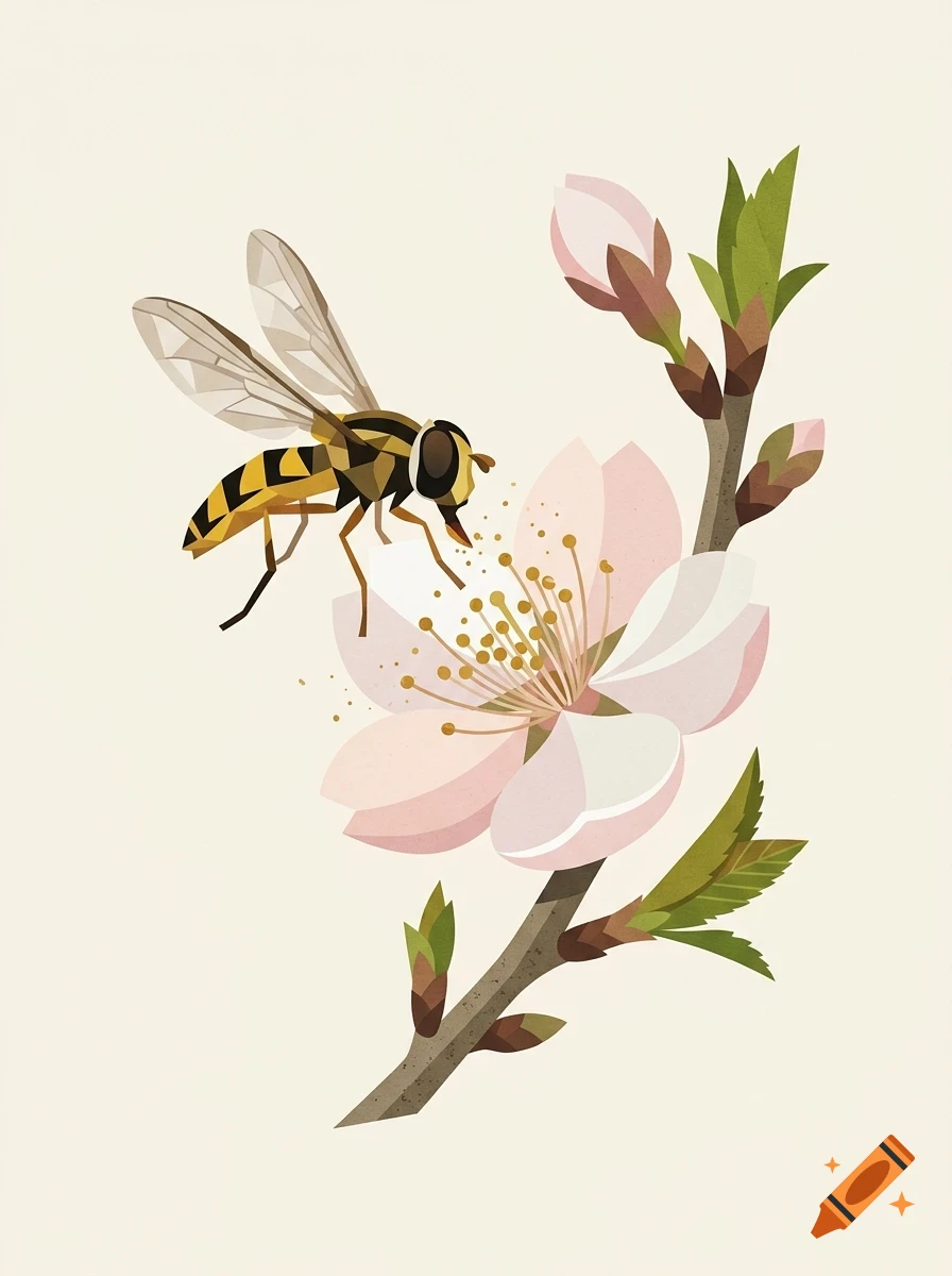 A stylized illustration of a hoverfly hovering near a blossoming pink flower on a branch.