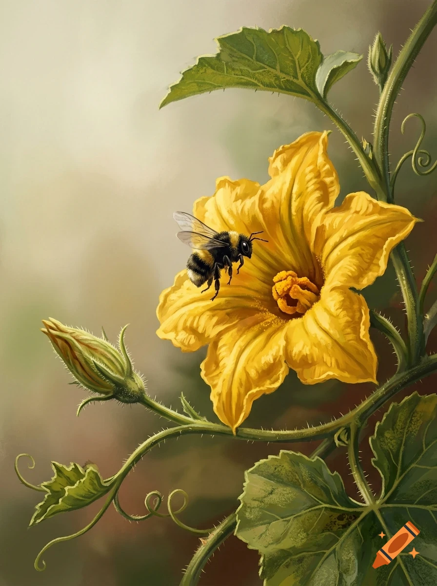A bumblebee hovers near a large yellow flower on a green vine.