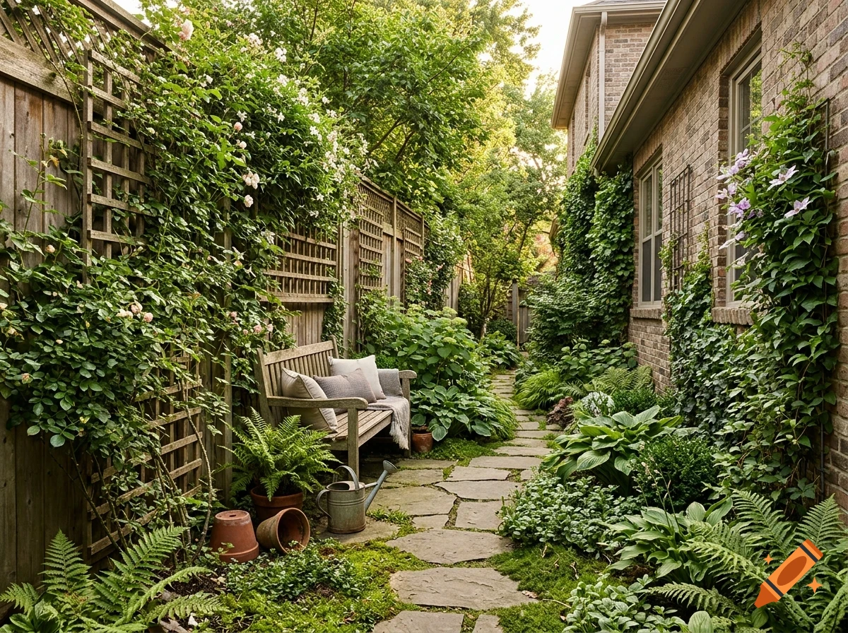 A lush backyard garden path with stone steppers, a wooden bench, climbing vines on fences, and brick walls.