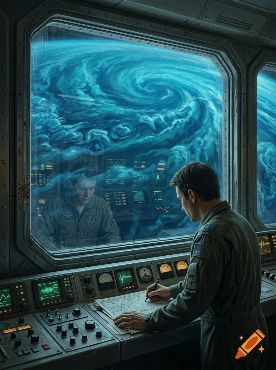 An astronaut in a flight suit working at a control panel aboard a spacecraft, looking out a large window at a swirling blue planet.